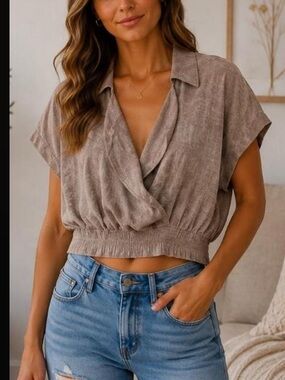 Zenana Cropped Wrap-Front Short Sleeve Top in Taupe